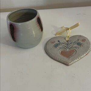 Artisan Ceramic Pot and Heart Ornament Set